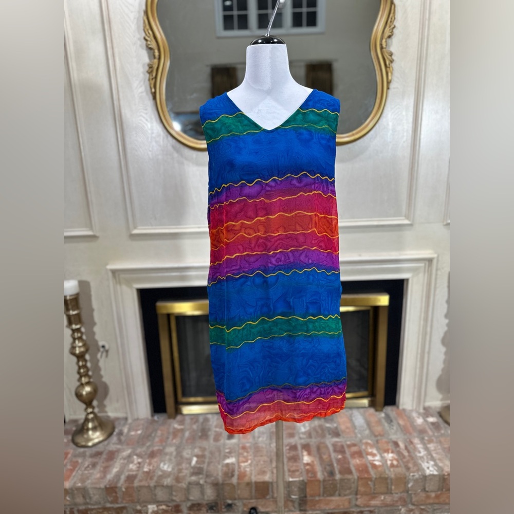 Amanda Stewart Rainbow Stripe Dress L‎ Boho Festival Sleeveless Colorful Shift